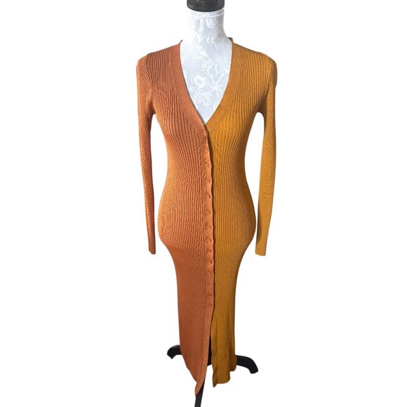 STAUD Dresses & Skirts - Staud Color Block Shoko Sweater Knit Dress / Cardigan Bronze Ochre Multi Medium